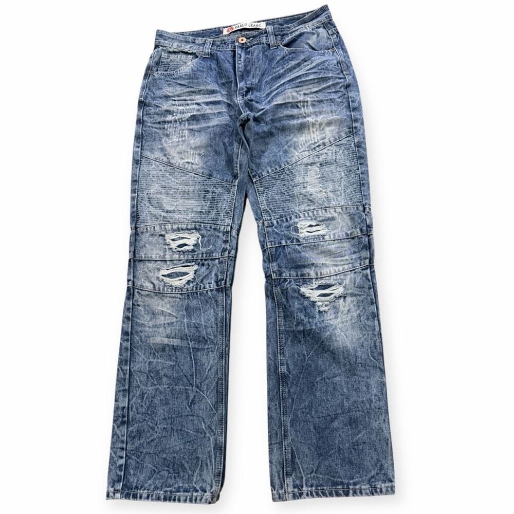 KAALU JEANS Men’s Blue Distressed Moto Straight Leg Jeans Size 36 x 32